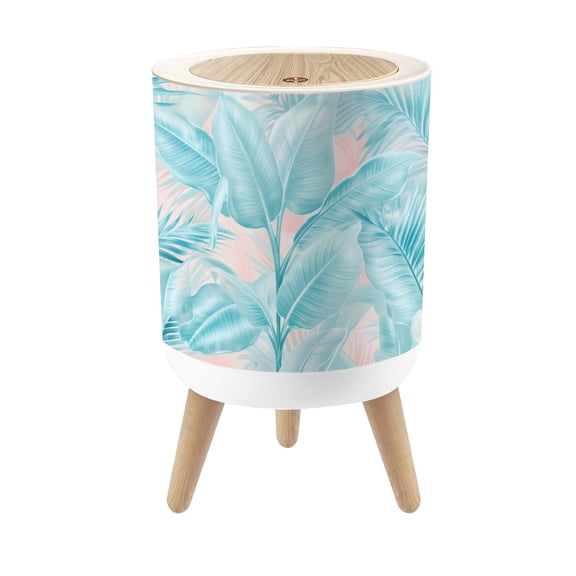 Small Trash Can with Lid Tropical Palm Leaf Teal Pink Watercolor Style Botanical 1.8 Gallon Dog Proof Trash Can Round Garbage Can Waste Bin Wastebasket for Bathroom Bedroom Living Room