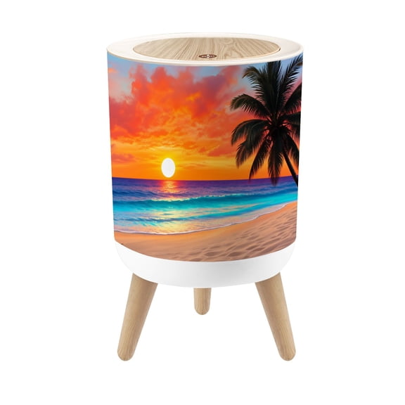 Small Trash Can with Lid Tropical Sunset Beach Palm Tree Silhouette Vibrant Ocean Waves 1.8 Gallon Dog Proof Trash Can Round Garbage Can Waste Bin Wastebasket for Bathroom Bedroom Living Room