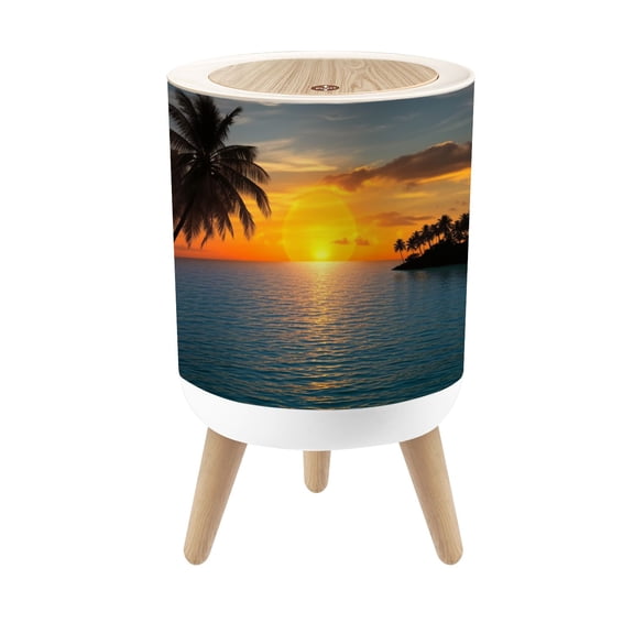 Small Trash Can with Lid Tropical Sunset Palm Trees Ocean Reflection Coastal Landscape 1.8 Gallon Dog Proof Trash Can Round Garbage Can Waste Bin Wastebasket for Bathroom Bedroom Living Room