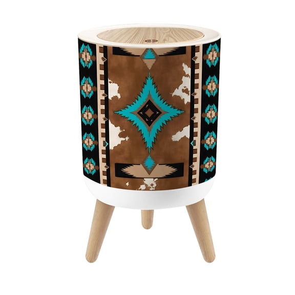 Small Trash Can with Lid Turquoise Brown Southwestern Tribal Geometric Design 1.8 Gallon Dog Proof Trash Can Round Garbage Can Waste Bin Wastebasket for Bathroom Bedroom Living Room