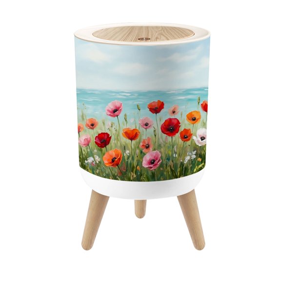 Small Trash Can with Lid Vibrant Field Red Pink Orange Flowers Soft Impressionist Style 1.8 Gallon Dog Proof Trash Can Round Garbage Can Waste Bin Wastebasket for Bathroom Bedroom Living Room