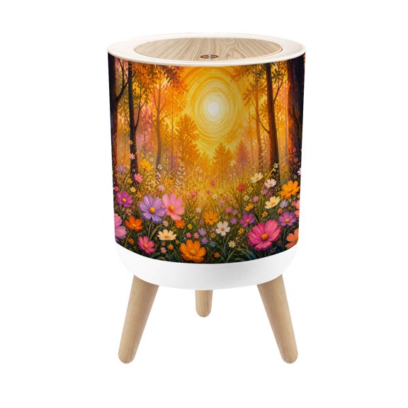 Small Trash Can with Lid Vibrant Sunset Forest Colorful Wildflowers Radiant Light 1.8 Gallon Dog Proof Trash Can Round Garbage Can Waste Bin Wastebasket for Bathroom Bedroom
