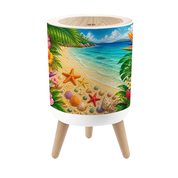 Small Trash Can with Lid Vibrant Tropical Beach Starfish Shells Colorful Flowers 1.8 Gallon Dog Proof Trash Can Round Garbage Can Waste Bin Wastebasket for Bathroom Bedroom
