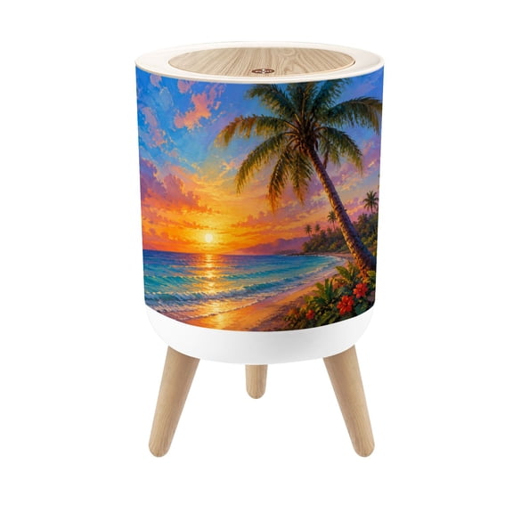 Small Trash Can with Lid Vibrant Tropical Sunset Beach Palm Trees Colorful Sky 1.8 Gallon Dog Proof Trash Can Round Garbage Can Waste Bin Wastebasket for Bathroom Bedroom