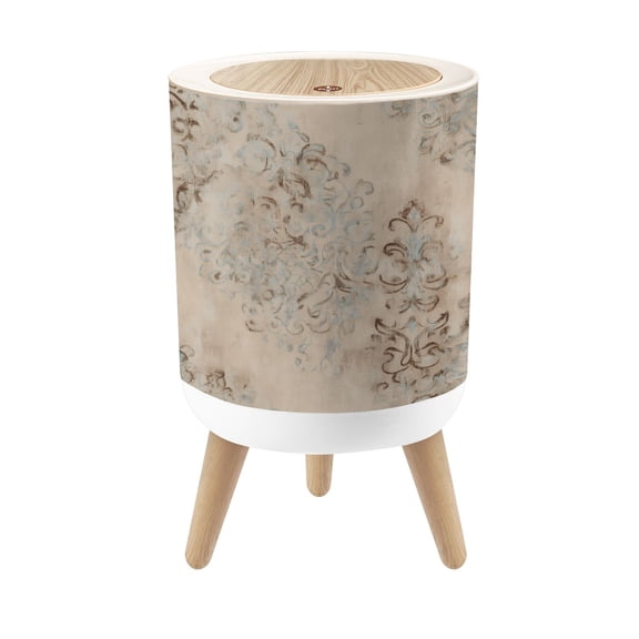 Small Trash Can with Lid Vintage Damask Distressed Beige Blue Ornamental Design 1.8 Gallon Dog Proof Trash Can Round Garbage Can Waste Bin Wastebasket for Bathroom Bedroom Living Room
