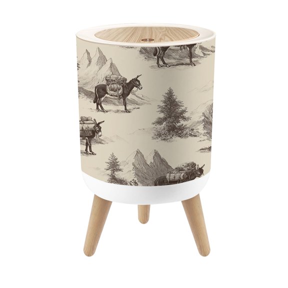 Small Trash Can with Lid Vintage Donkey Mountainous Sketch 1.8 Gallon Dog Proof Trash Can Round Garbage Can Waste Bin Wastebasket for Bathroom Bedroom Living Room