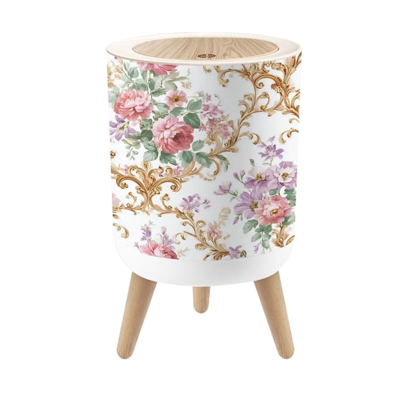 Small Trash Can with Lid Vintage Floral Baroque Pink Purple Flowers White 1.8 Gallon Dog Proof Trash Can Round Garbage Can Waste Bin Wastebasket for Bathroom Bedroom Living Room