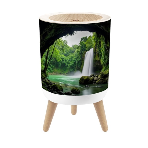 Small Trash Can with Lid Waterfall Cascading Green Forest Tranquil River 1.8 Gallon Dog Proof Trash Can Round Garbage Can Waste Bin Wastebasket for Bathroom Bedroom Living Room