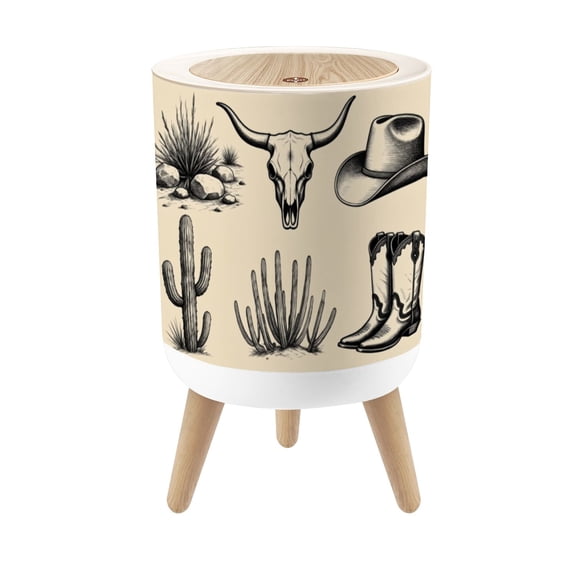 Small Trash Can with Lid Western Cowboy Hat Boots Cow Skull Southwestern Cactus 1.8 Gallon Dog Proof Trash Can Round Garbage Can Waste Bin Wastebasket for Bathroom Bedroom Living Room