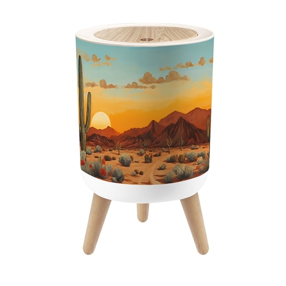 Small Trash Can with Lid Western Desert Sunset Cactus Vintage Southwest Nature 1.8 Gallon Dog Proof Trash Can Round Garbage Can Waste Bin Wastebasket for Bathroom Bedroom Living Room