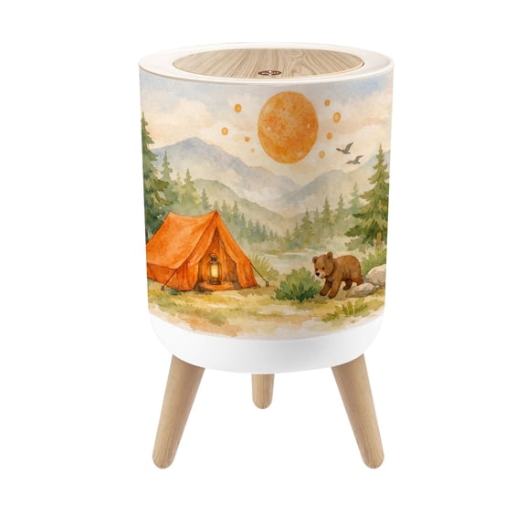 Small Trash Can with Lid Whimsical Bear Forest Mountain View Red Moon Nursery Woodland 1.8 Gallon Dog Proof Trash Can Round Garbage Can Waste Bin Wastebasket for Bathroom Bedroom Living Room