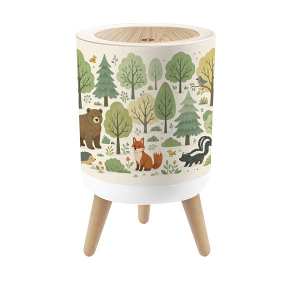 Small Trash Can with Lid Whimsical Forest Trees Animals Soft Pastel Colors Nursery 1.8 Gallon Dog Proof Trash Can Round Garbage Can Waste Bin Wastebasket for Bathroom Bedroom Living Room