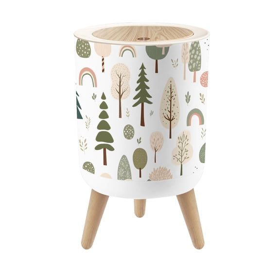 Small Trash Can with Lid Whimsical Forest Trees Rainbows Organic Shapes 1.8 Gallon Dog Proof Trash Can Round Garbage Can Waste Bin Wastebasket for Bathroom Bedroom Living Room