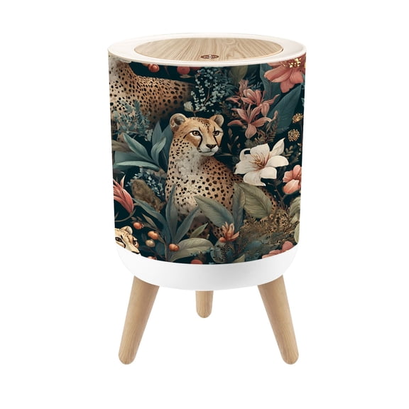 Small Trash Can with Lid Wild Cheetah Amidst Floral Jungle wildlife botanical 1.8 Gallon Dog Proof Trash Can Round Garbage Can Waste Bin Wastebasket for Bathroom Bedroom Living Room