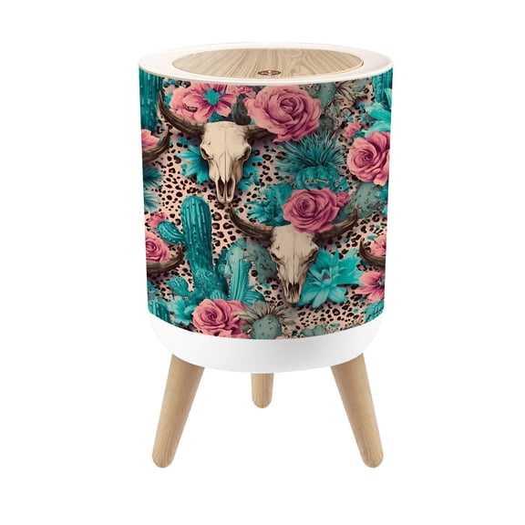 Small Trash Can with Lid Wild West Skull Floral Roses Vibrant Colors 1.8 Gallon Dog Proof Trash Can Round Garbage Can Waste Bin Wastebasket for Bathroom Bedroom Living Room
