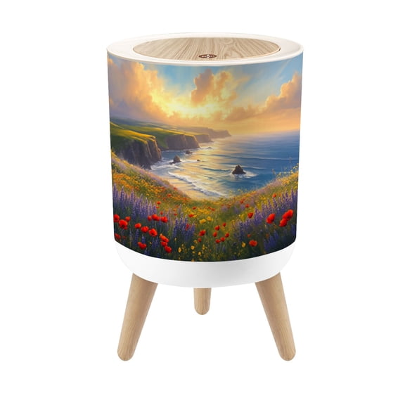 Small Trash Can with Lid Wildflower Coastal Sunset boho 1.8 Gallon Dog Proof Trash Can Round Garbage Can Waste Bin Wastebasket for Bathroom Bedroom Living Room