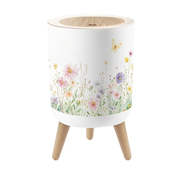 Small Trash Can with Lid Wildflowers green wild plants butterfly floral 1.8 Gallon Dog Proof Trash Can Round Garbage Can Waste Bin Wastebasket for Bathroom Bedroom Living Room