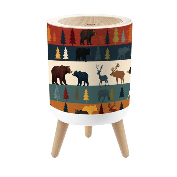 Small Trash Can with Lid Woodland Animals Bears Trees Forest Elements 1.8 Gallon Dog Proof Trash Can Round Garbage Can Waste Bin Wastebasket for Bathroom Bedroom Living Room