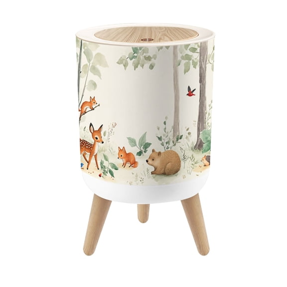 Small Trash Can with Lid Woodland Animals Watercolor Deer Fox Bear Forest 1.8 Gallon Dog Proof Trash Can Round Garbage Can Waste Bin Wastebasket for Bathroom Bedroom Living Room