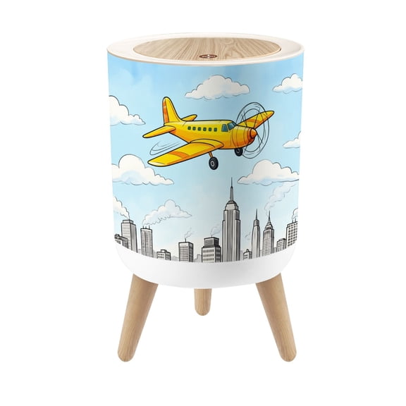 Small Trash Can with Lid Yellow Propeller Airplane City Skyline Cartoon 1.8 Gallon Dog Proof Trash Can Round Garbage Can Waste Bin Wastebasket for Bathroom Kids Bedroom Classroom