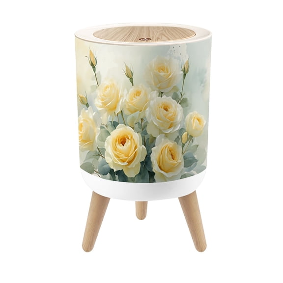 Small Trash Can with Lid Yellow Roses Soft Watercolor Painting Green Leaves Buds 1.8 Gallon Dog Proof Trash Can Round Garbage Can Waste Bin Wastebasket for Bathroom Bedroom Living Room