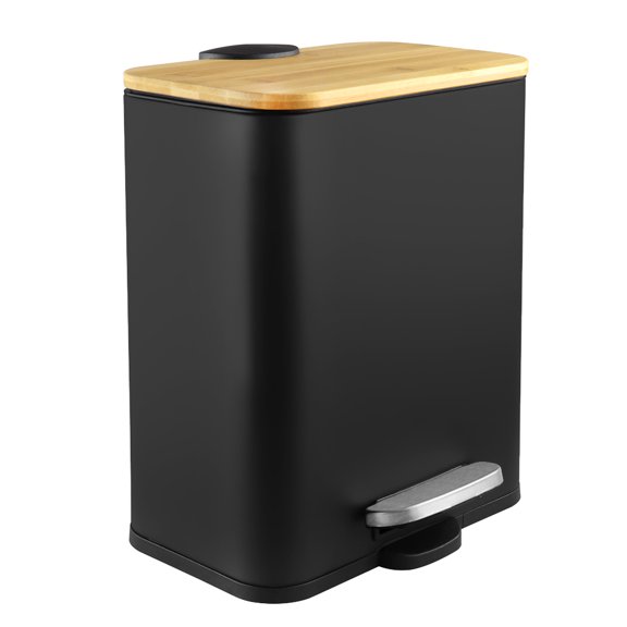 Small Trash Can with Bamboo Lid, 1.3gal Rectangular Garbage Can with Inner Wastebasket for Bathroom, Kitchen, Black