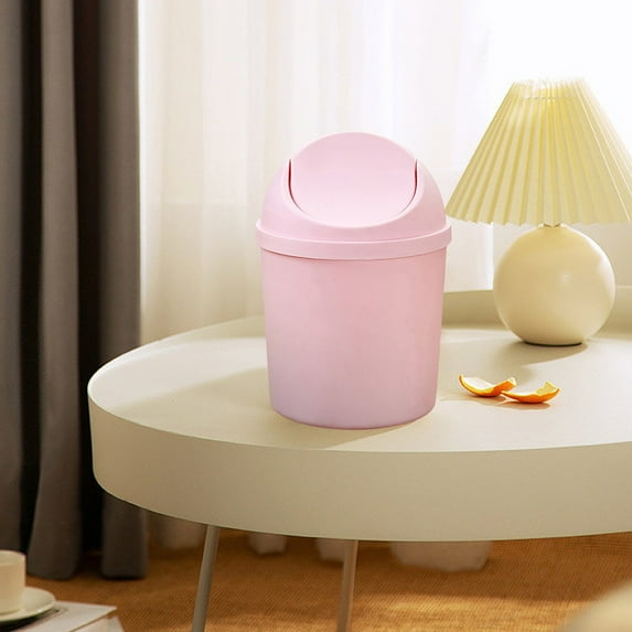 Small Trash can with Swing Lid, Mini Desktop Garbage Cans, Plastic Trash Bin, Decorative Tiny Wastebasket for Bedroom, Office, Kitchen, Bathroom (Pink) 5.51x7.67"