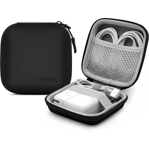 Small Travel Carrying Storage Case, 4.4"x4.4" Charger Organizer, Pouch compatible with MacBook Power Adapter, Laptop Accessories Cables, Cords, USB Drives, Earphones(Black PU)