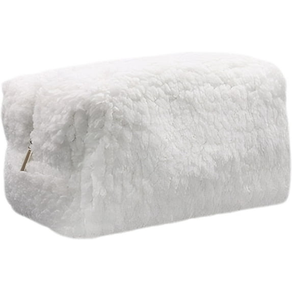 Small Travel Fuzzy Makeup Bag: Aesthetic Makeup Bag, Soft Plush Cosmetic Bag for Women, Cute Makeup Bags for Purse, Portable Storage Bag Zipper Toiletry Organizer (White)