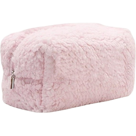 Small Travel Fuzzy Makeup Bag: Aesthetic Makeup Bag, Soft Plush Cosmetic Bag for Women, Cute Makeup Bags for Purse, Portable Storage Bag Zipper Toiletry Organizer (Pink)