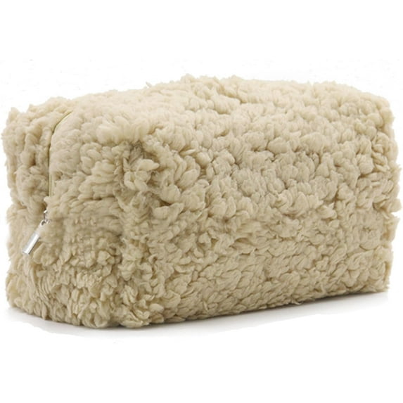 Small Travel Fuzzy Makeup Bag: Aesthetic Makeup Bag, Soft Plush Cosmetic Bag for Women, Cute Makeup Bags for Purse, Portable Storage Bag Zipper Toiletry Organizer (Khaki)