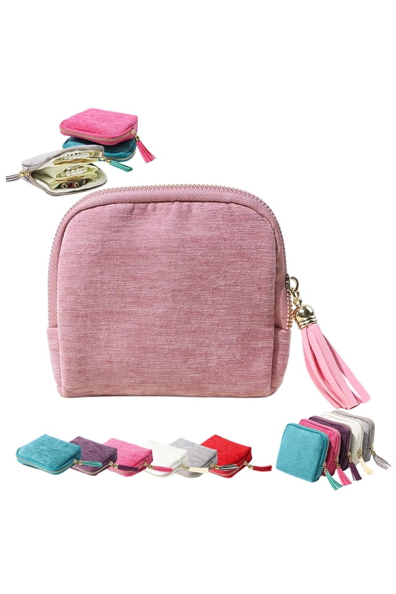 Small Travel Jewelry Case Organizer for Women Portable Jewelry Box with Small Pouches for Gemstones Healing Crystal Bracelets, Necklace Bangles Storage, Gift Ring Holder, Pink Tassel