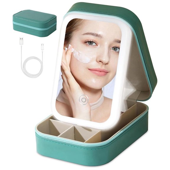 Small Travel LED Makeup Mirror Case with 3 Adjustable Color Light Settings, Mini Cosmetic Train Case Green
