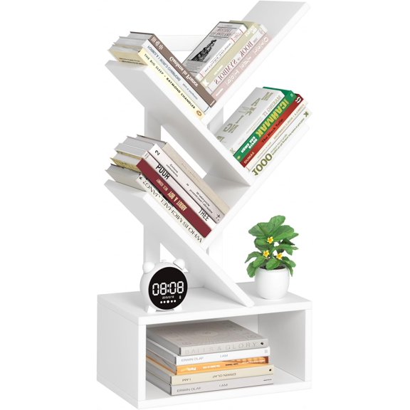 Small Tree Book Shelf,5 Tier Black Tree Bookshelf,White Desktop Bookcase,Modern Desk Display Storage Bookshelves,Floor Standing Organizer Bookcases for Living Room,Bedroom,Office