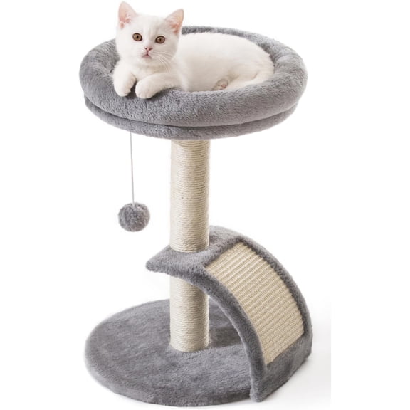 Small  Tree Tower with  , Modern Kitten Tower for Indoor Cats, Short Carpet Sisal  Scratcher Stand with Large Bed Perch, Scratch Ramp,  Ball for Kitty Play (Grey)