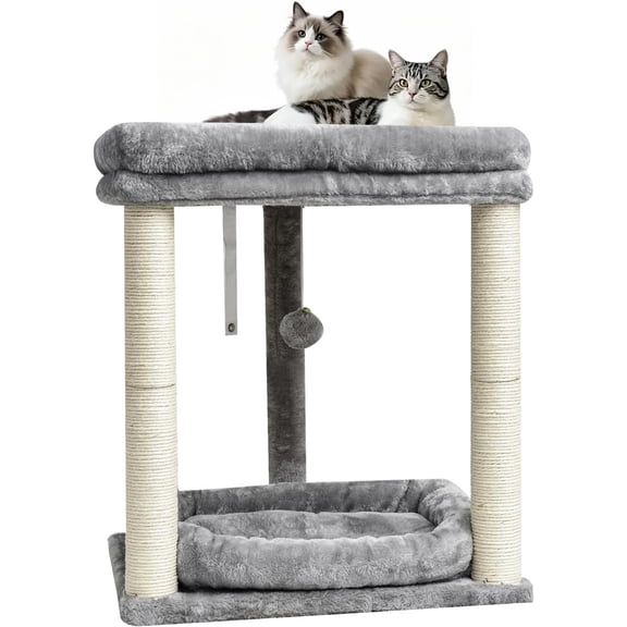 Small Tree with 2 Levels Perch Platforms, Sisal Tower with Ball & Anti-Tip Strap, Perch Furniture for Indoor Cats, Grey
