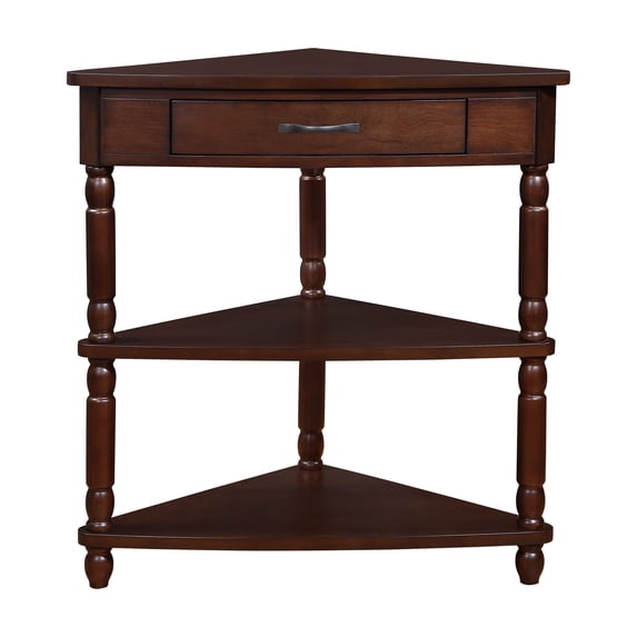 Small Triangle Corner Table, 3 Tier Wood Corner Side Table with Storage Drawer and Shelves for Living Room Bedroom