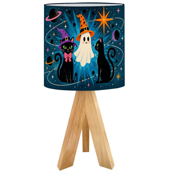 Small Tripod Table Lamp Retro Atomic Halloween Dimmable Lamp with Remote 16 Color LED Bulb Linen Shade Wood Base Nightstand Lamp for Bedroom Nursery