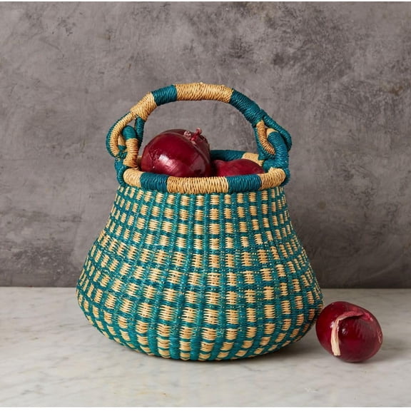 Small Turquoise Decorative Basket for Living Room, Shelf Basket, Home Decor, Fruit Bowl, Kitchen Countertop Storage, Harvesting, Wicker, Woven, Pot Shape