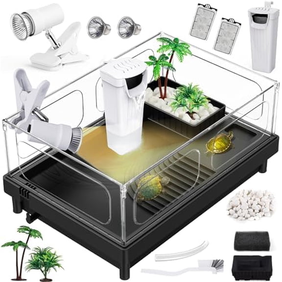 Small Turtle Tank Kit, Acrylic Turtle Tank Starter Kit with Basking Platform, Bottom Drainage, Multi-Function Areas for Turtles, Crabs, Crayfish, Small Reptiles. (Black+White)