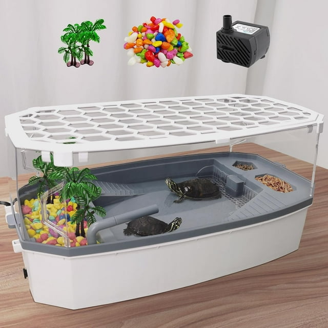 Small Turtle Tank with Lid, Acrylic Turtle Aquarium with Water Pump, Full View Visually Reptile Turtle Habitat, Easy to Clean and Change Water, Multi Functional Area, Medium, White