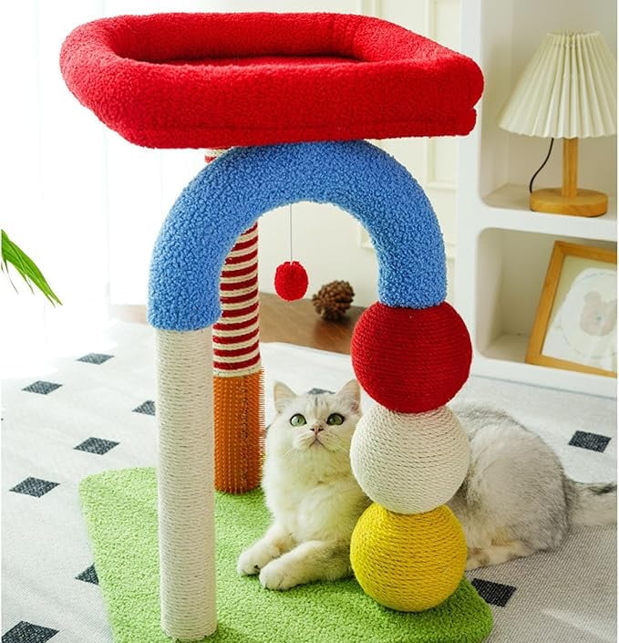 Small U-Shaped Cat Tree- Sisal Rope Scratching Post, Toy Ball, Cat Self-Groomer, Top Perch for Small/Medium Cats, Multi-Cat Homes-Colorful（24in）