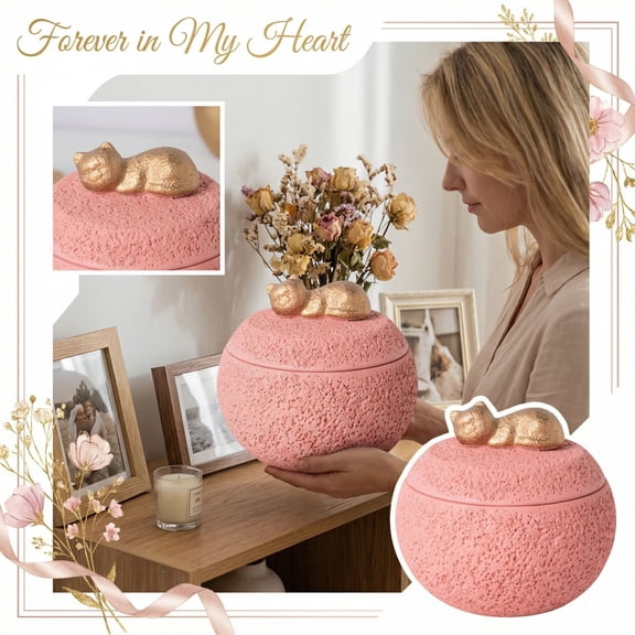 Cat Urns for Ashes, Small Urn for Ashes, 4 in Diameter, Round Textured, Pink, Gold Feline Figurine, Loss of Cat Sympathy Gift, 1 Pc