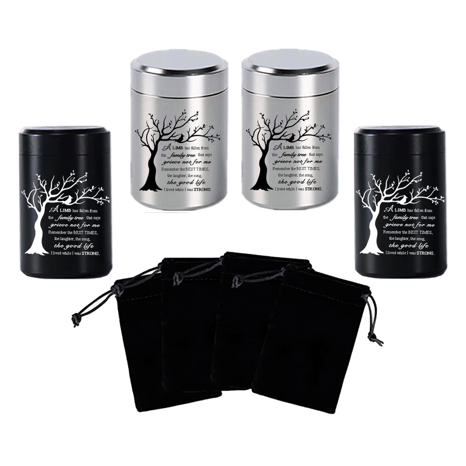 Small Urns for Ashes - Set of 4，2.7 inch High Quality Aluminium Mini Urns, Cremation Urns for Human/Pet Ashes,Ashes Holder,Small Keepsake urns--A LIMB has fallen from the family tree,Black&Silver