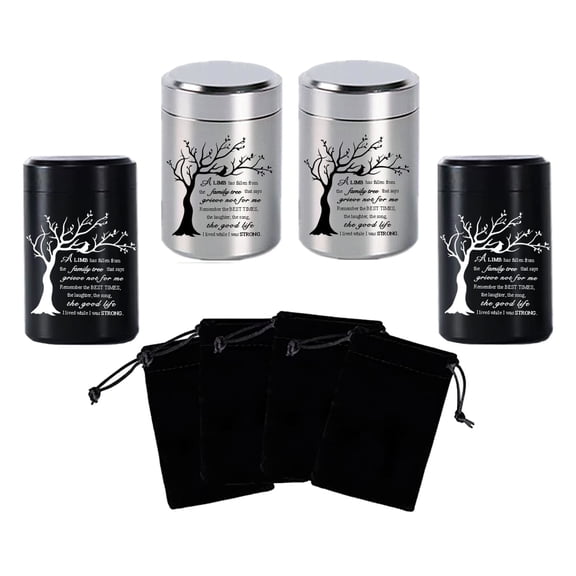 Small Urns for Ashes - Set of 4，2.7 inch High Quality Aluminium Mini Urns, Cremation Urns for Human/Pet Ashes,Ashes Holder,Small Keepsake urns--A LIMB has fallen from the family tree,Black&Silver