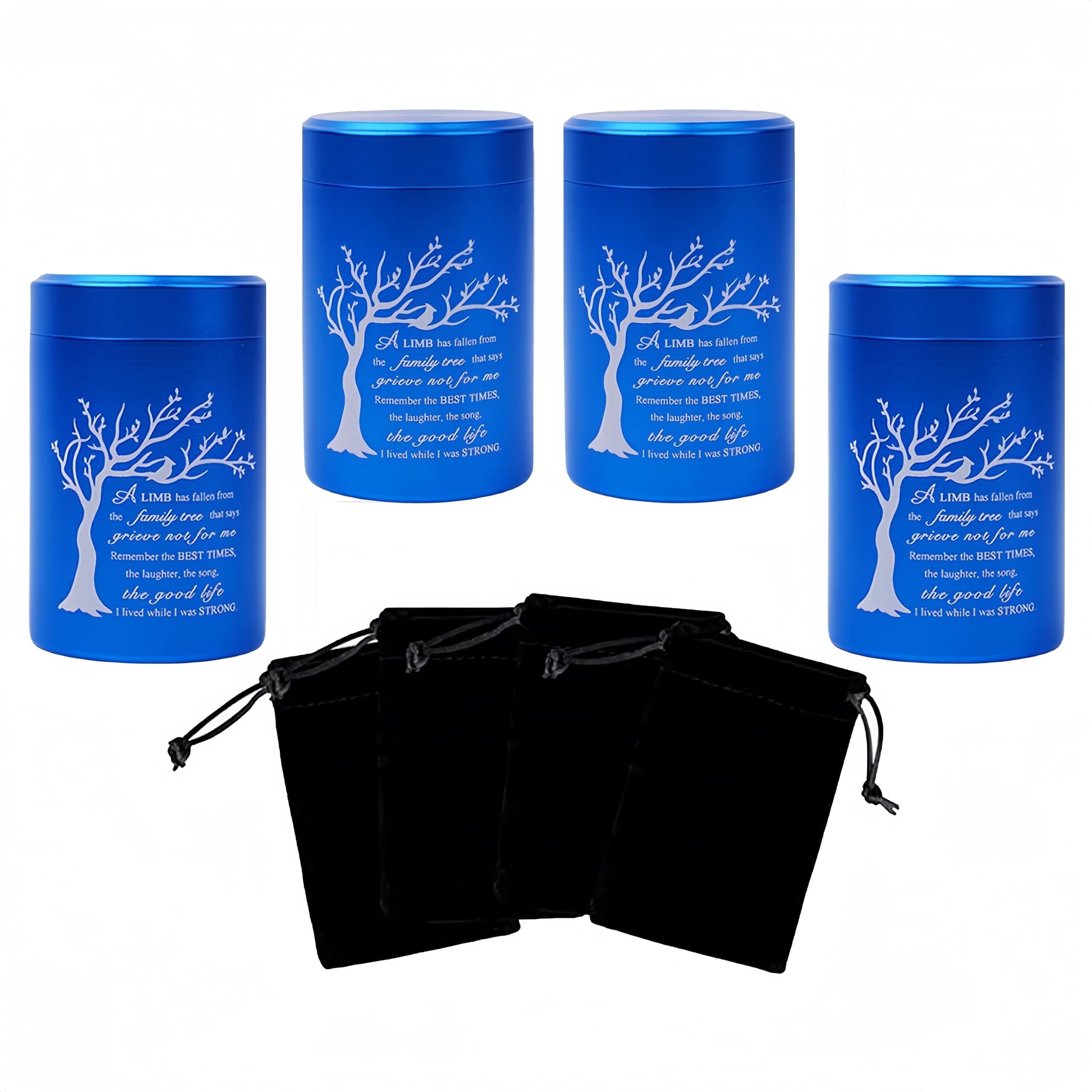 Small Urns for Ashes - Set of 4，2.7 inch High Quality Aluminium Mini Urns, Cremation Urns for Human/Pet Ashes, Ashes Holder, Small Keepsake urns--A LIMB has fallen from the family tree, Blue