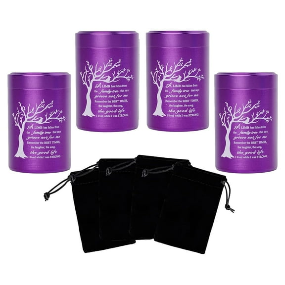 Small Urns for Ashes - Set of 4，2.7 inch High Quality Aluminium Mini Urns, Cremation Urns for Human/Pet Ashes, Ashes Holder, Small Keepsake urns--A LIMB has fallen from the family tree, Purple