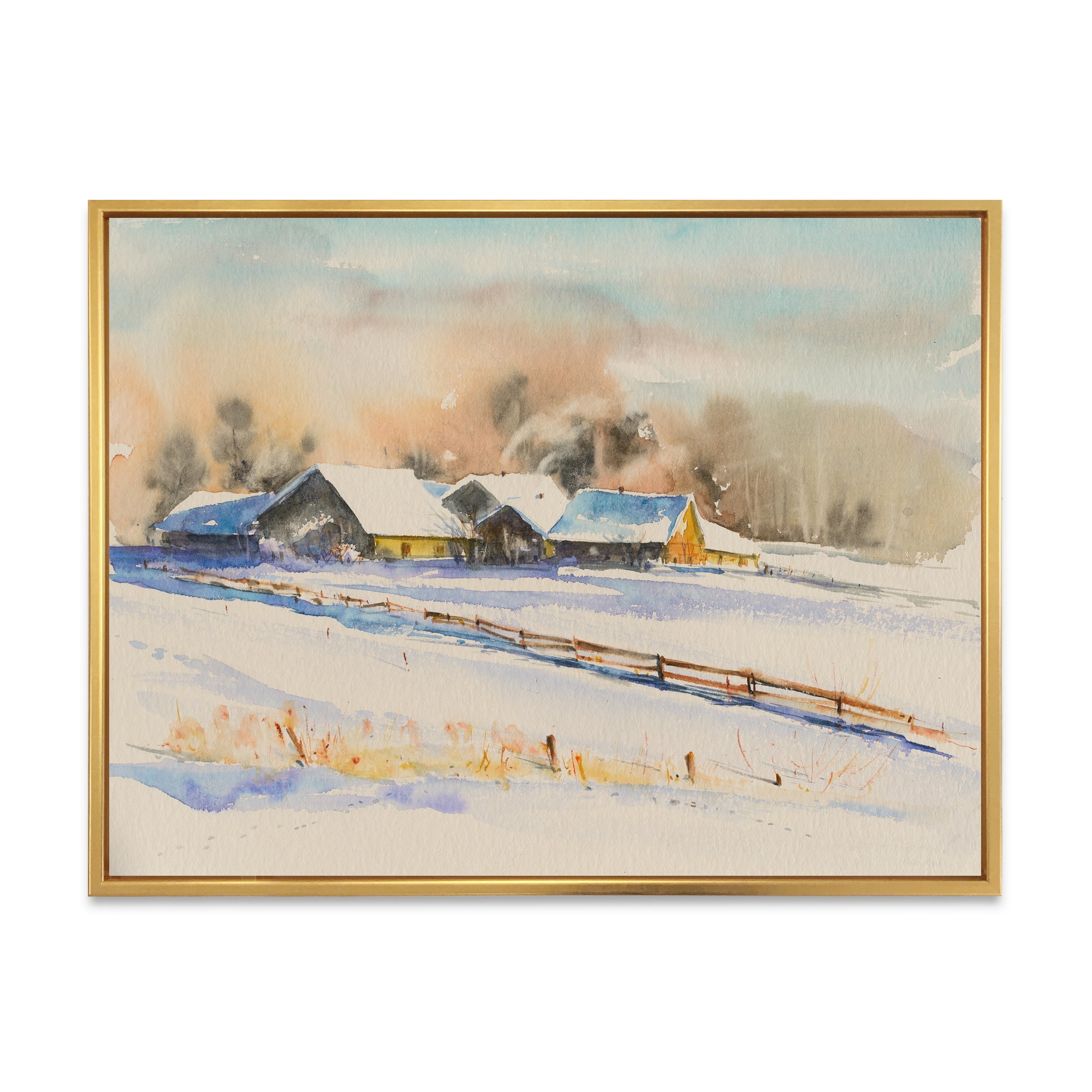 Small VIllage At Evening Covered With Snow 32 in x 16 in Framed Photography Canvas Art Print, by Designart