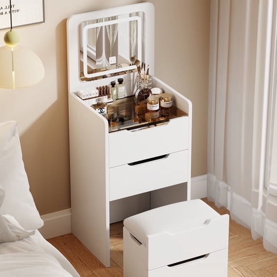 Small Vanity Desk, 3-in-1 Vanity Desk with Flip Top Mirror, Makeup Vanity Table with Cushioned Stool for Small Space, Compact Dressing Table, Vanity Set for Bedroom (White)