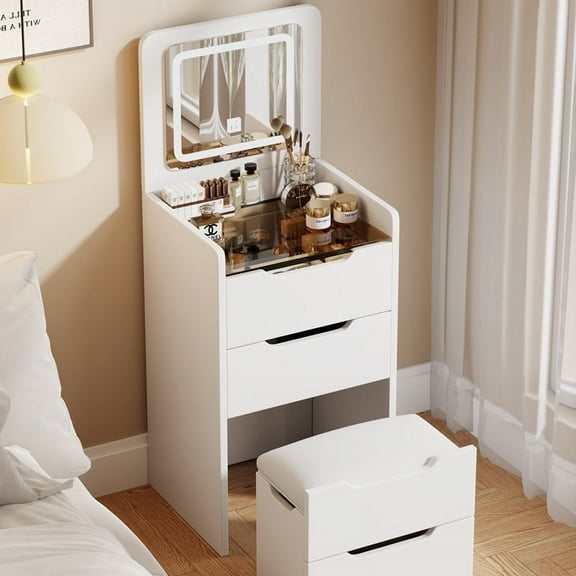 Small Vanity Desk, 3-in-1 Vanity Desk with Flip Top Mirror, Makeup Vanity Table with Cushioned Stool for Small Space, Compact Dressing Table, Vanity Set for Bedroom (White)